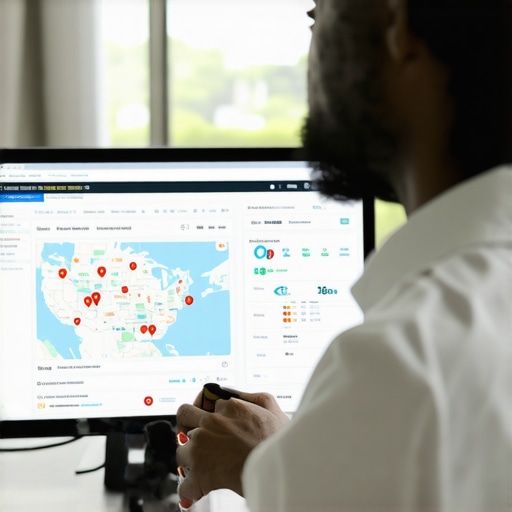 Business owner reviewing maps and SEO data on a computer screen