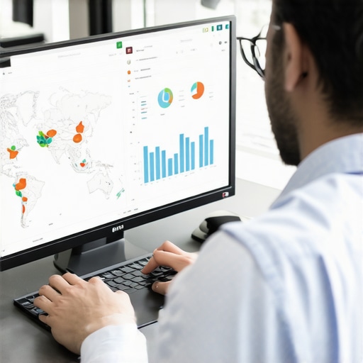 Business owner reviewing local SEO analytics on a laptop with maps and graphs.