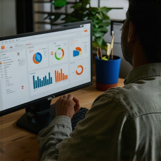 Person reviewing SEO analytics on a computer screen with charts and graphs.