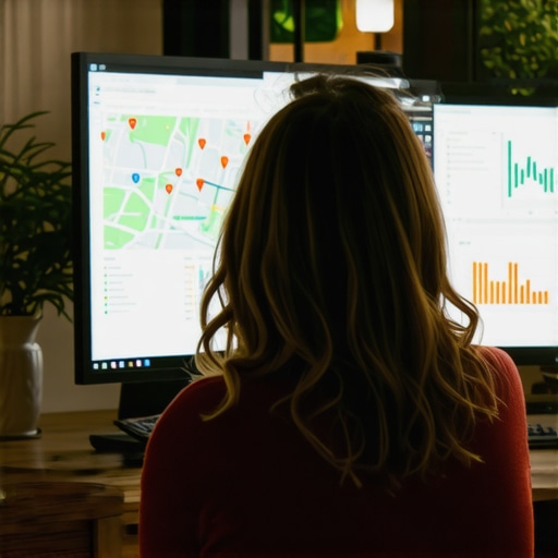 Person reviewing local SEO analytics on a computer with maps and graphs.