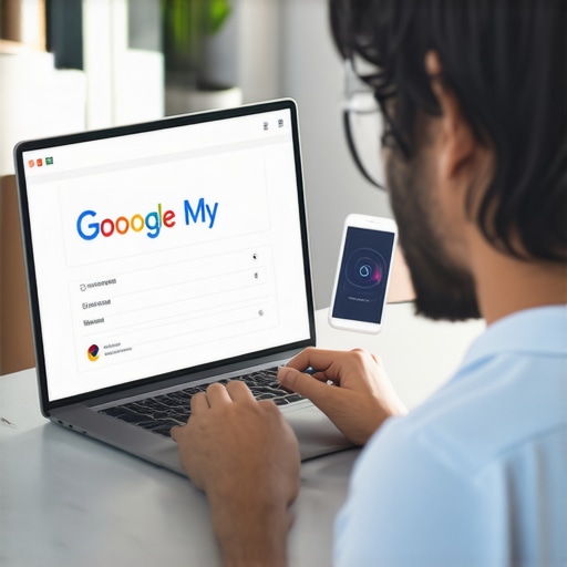 Business owner updating Google My Business profile on laptop and smartphone.