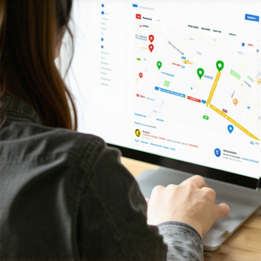 Person working on Google My Business profile on laptop with maps display.