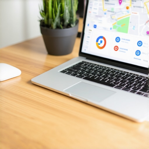 Workspace with SEO analytics tools and laptop showing local search rankings