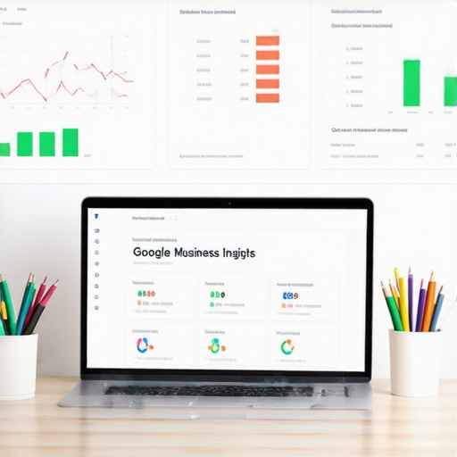 Workspace with SEO analytics tools and a laptop showing Google My Business insights.