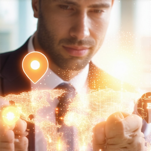 Businessman studying local map analytics with illuminated signals and SEO symbols