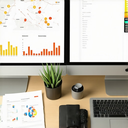 Workspace with SEO analytics on screens showing local map data and rankings.