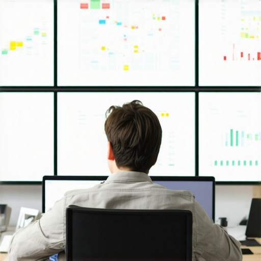 Person analyzing map ranking tools on multiple screens in a workspace
