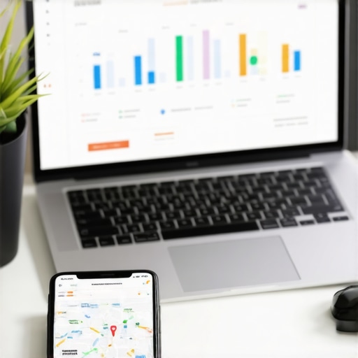 A workspace featuring devices displaying local SEO analytics and map management tools.