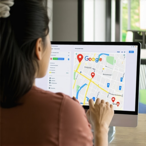Business owner updating Google My Business profile on computer with maps and analytics