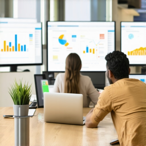 Team analyzing local map rankings on computer screens with SEO dashboards.