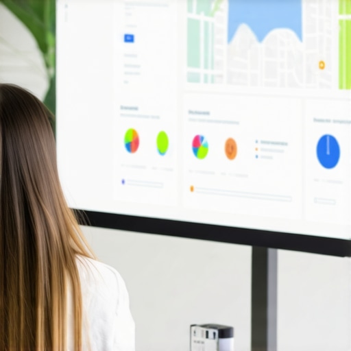 A person working on local SEO analytics with maps and data charts displayed on a monitor