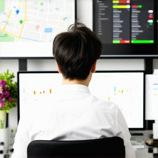 A professional analyzing local SEO data on multiple screens in an office