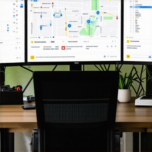 Desk with screens displaying local SEO analytics and map ranking data.