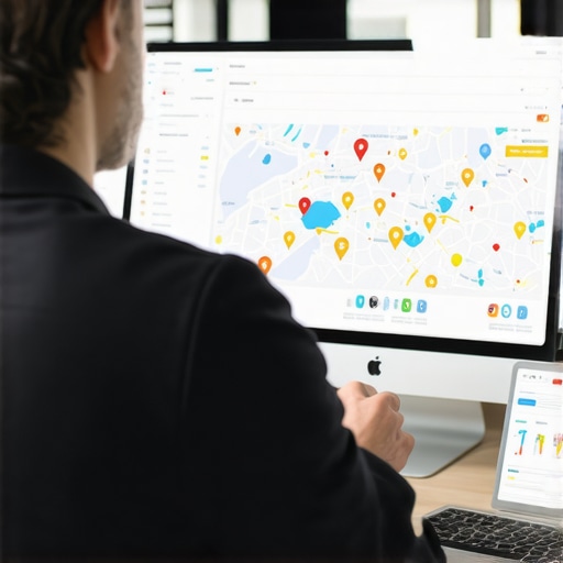 Business owner analyzing local SEO and map ranking tools on a computer