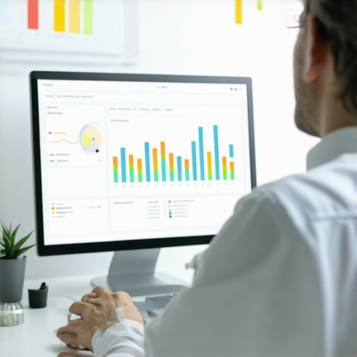 Person reviewing local SEO performance on a computer with maps and data charts.