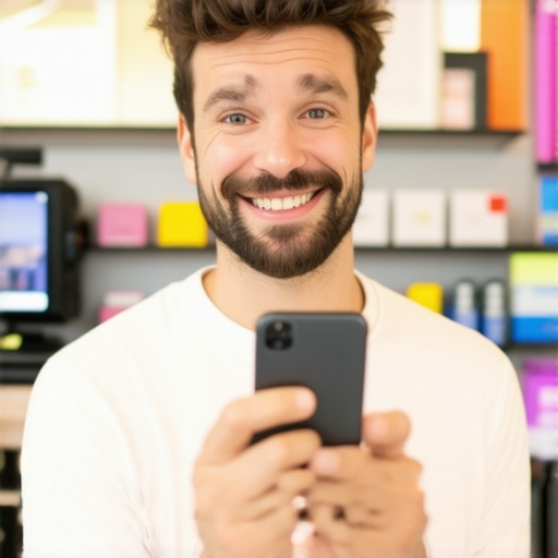 Customer recording a positive video review in a bright retail environment