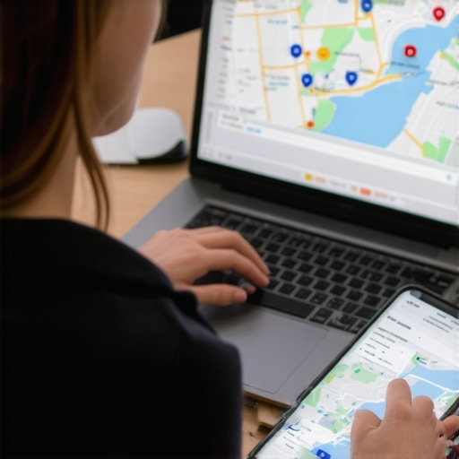 A professional analyzing local map rankings using advanced mapping tools on a laptop and smartphone.