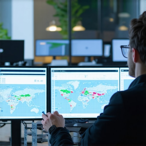Person reviewing digital map data and signals on multiple screens, highlighting strategic SEO efforts.