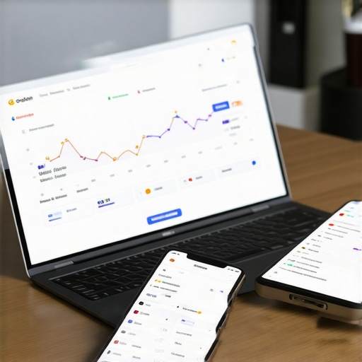 Workspace with SEO analytics and Google My Business profile on screens