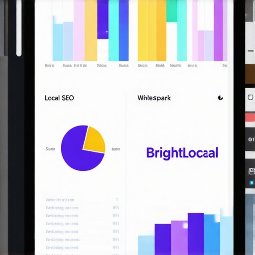 A detailed dashboard interface displaying local SEO analysis with BrightLocal and Whitespark tools on screen.