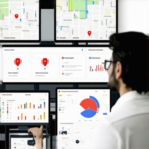 Business owner reviewing map ranking data on a computer with voice search and SEO icons