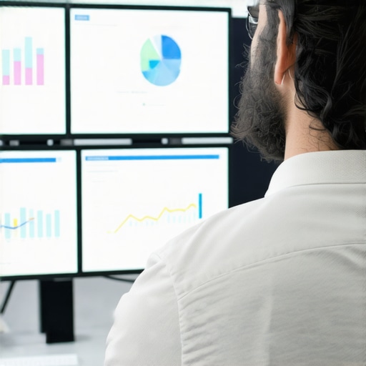 Digital Marketing Tools for Map Maintenance Expert analyzing SEO dashboards and citation reports on multiple monitors in office.