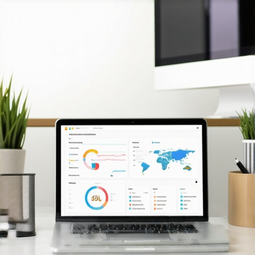 Digital SEO Tools for Map Optimization A workspace with a laptop showing analytics dashboards and mapping tools for local SEO