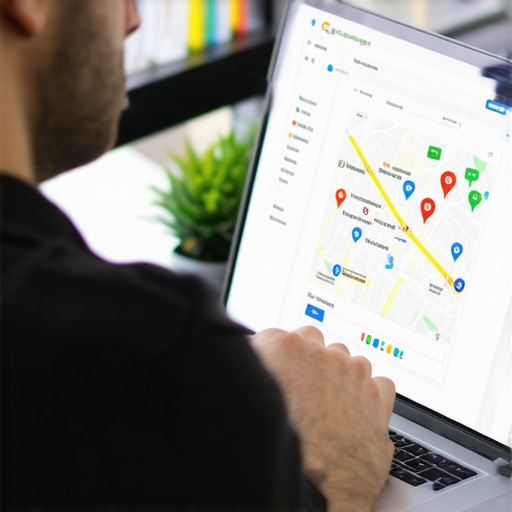 Business owner optimizing GMB profile on a laptop with maps and search results